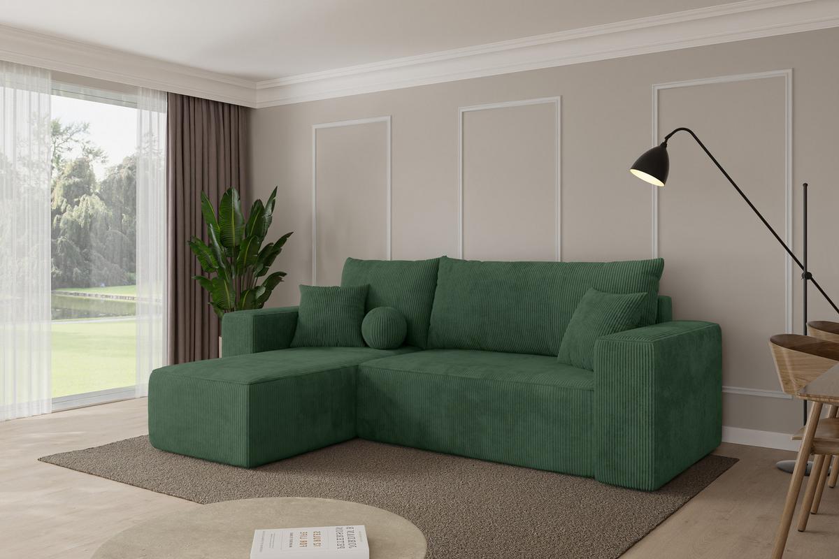 ECKSOFA mit Schlaffunktion Ottomane Links SENO-L 249x139x85 Grün Cord - Dunkelgrün/Schwarz, Holzwerkstoff/Kunststoff (249/139cm) - ALTDECOR