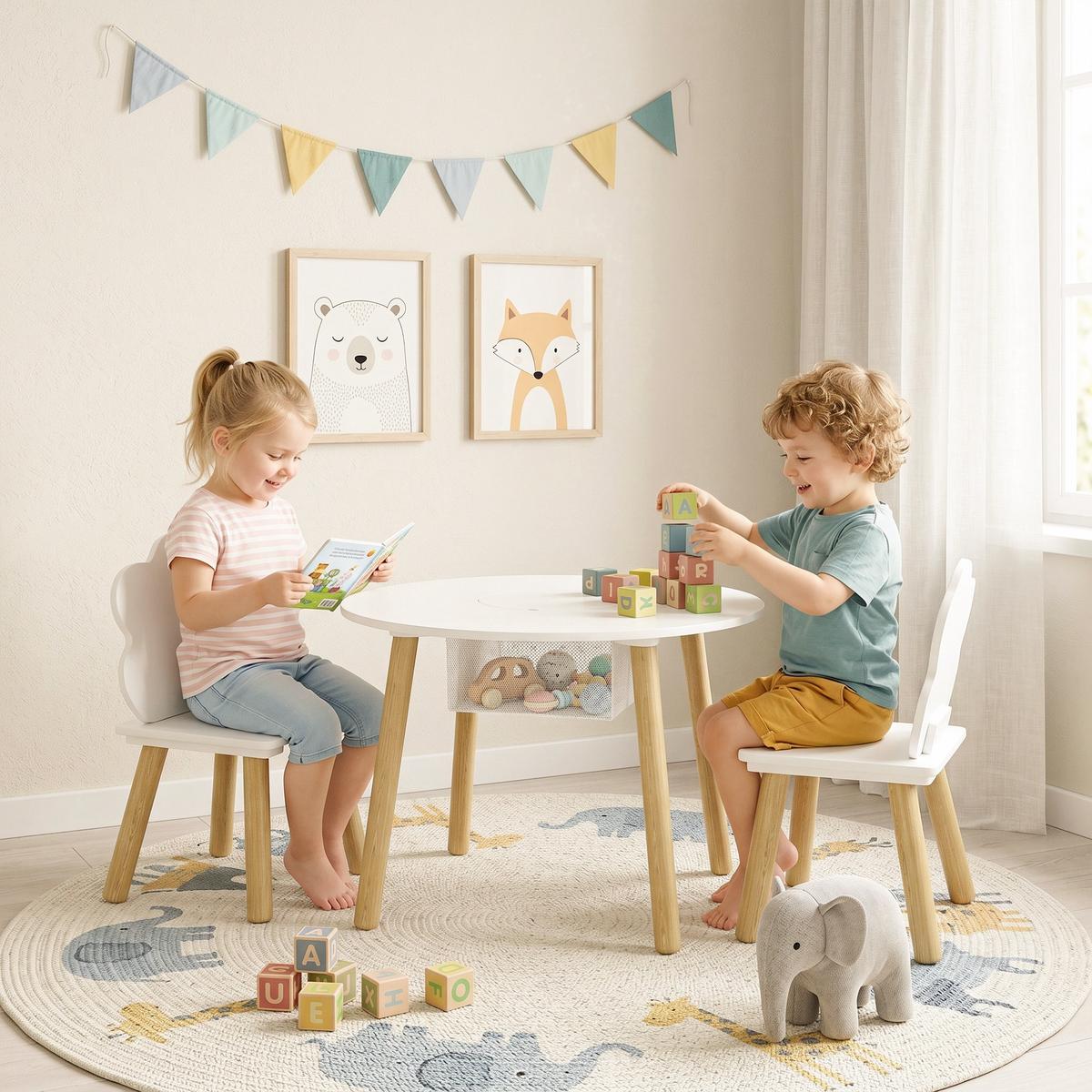 KINDERTISCH-UND-STUHLSET MDF Kiefernholz Weiß - Weiß/Kieferfarben, Holz (60/44/60cm) - AIYAPLAY