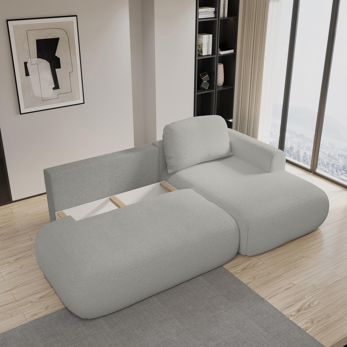 ECKSOFA NUVIRA R-S Hellgrau Boucle-Stoff mit Schlaffunktion - Hellgrau, Holz (279/158cm) - MASSENO