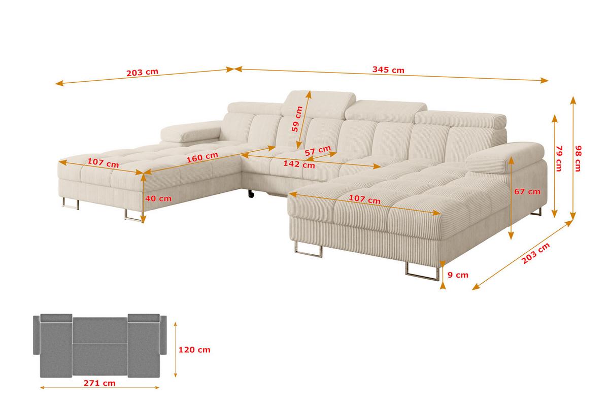 WOHNLANDSCHAFT mit Schlaffunktion und Bettkasten COMA U2 345x203x79 Beige Cord - Beige, Holzwerkstoff/Textil (345/79/203cm) - ALTDECOR