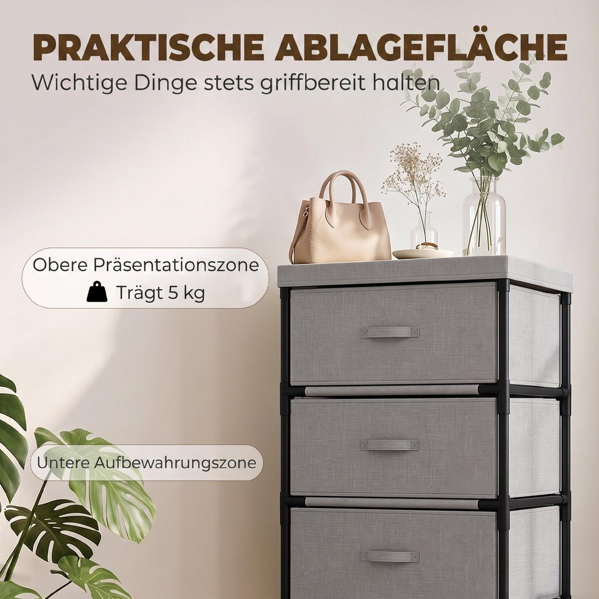 KOMMODE Leinen Stahl Grau - Schwarz/Grau, Textil/Metall (32/80/42cm) - HOMCOM