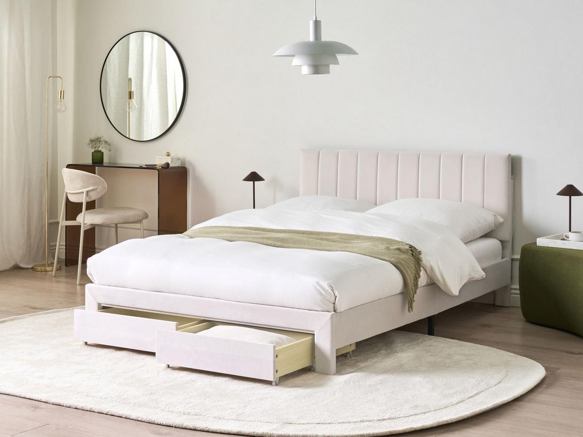 BETT mit Schubladen 140/200 cm Samtstoff Cremeweiß Lonzac - Creme, Textil (140/200cm) - Beliani
