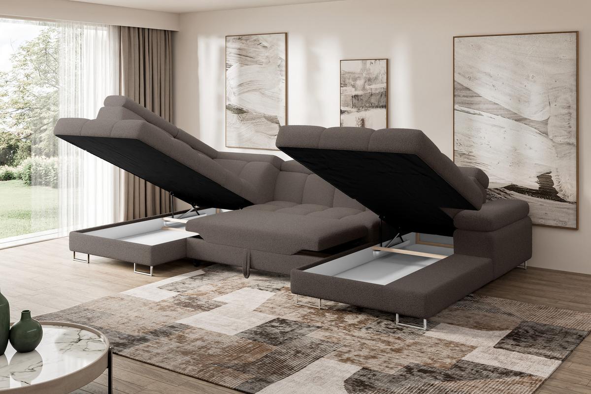 WOHNLANDSCHAFT mit Schlaffunktion und Bettkasten Ottomane Links COMA U 345x203x79 Braun Bouclé - Dunkelbraun, Holzwerkstoff/Textil (345/79/203cm) - ALTDECOR