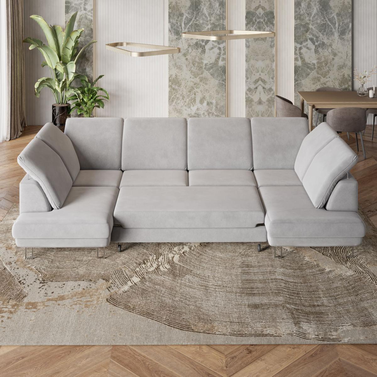 WOHNLANDSCHAFT TERAMO Lila Velours-Stoff mit Schlaffunktion - Lila/Silberfarben, Holz/Textil (316/88/193cm) - MASSENO
