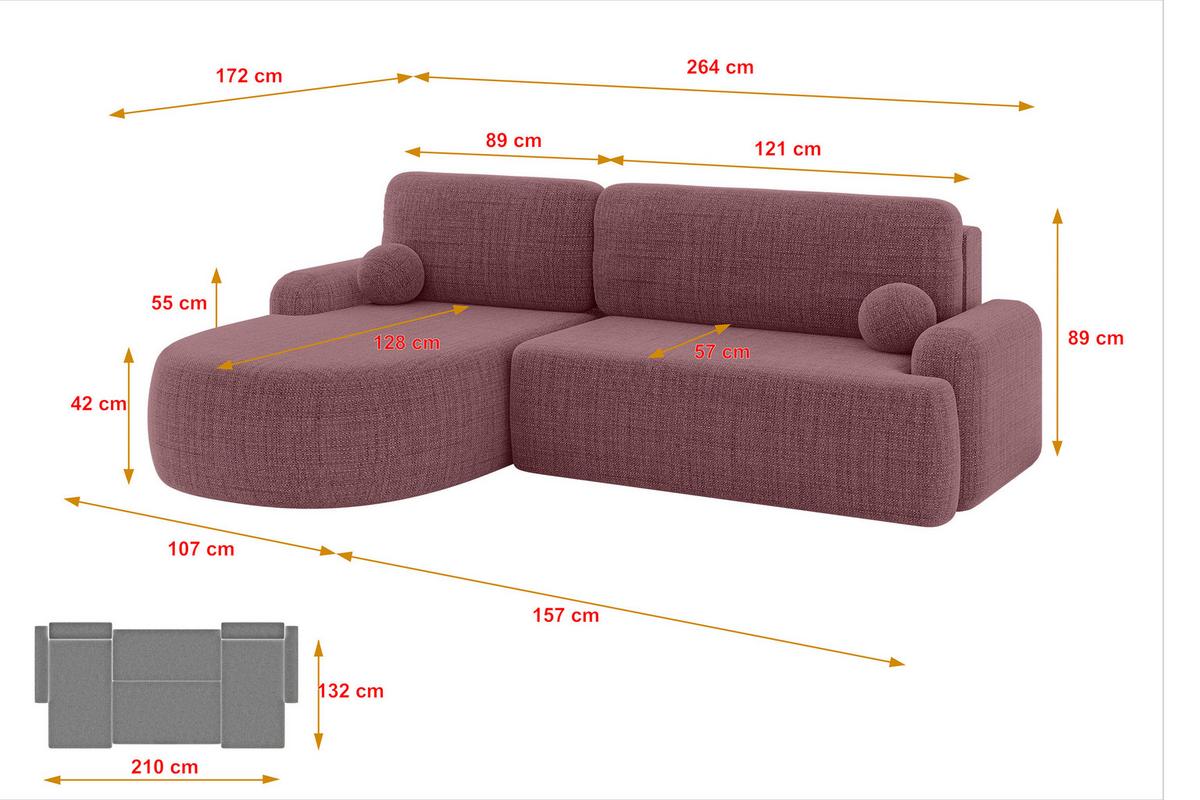 ECKSOFA mit Schlaffunktion und Bettkasten LIRA-L - 264x172x89 Altrosa - Altrosa, Holzwerkstoff/Textil (264/172cm) - ALTDECOR