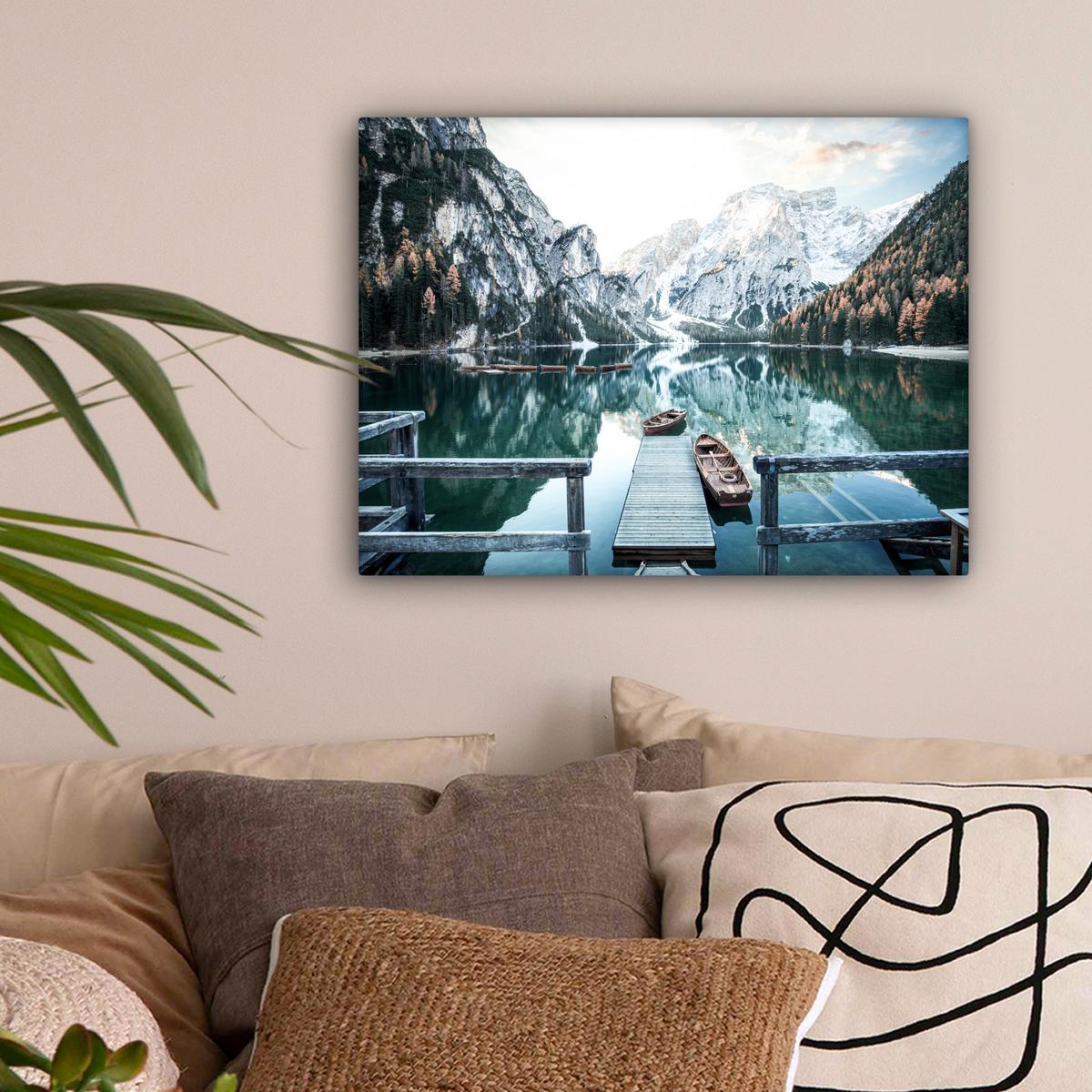LEINWANDBILD Natur - Berge - Schnee - Wald - Boot Wandbild 40x30 cm - Hellgrün, Textil (40/30cm) - MuchoWow