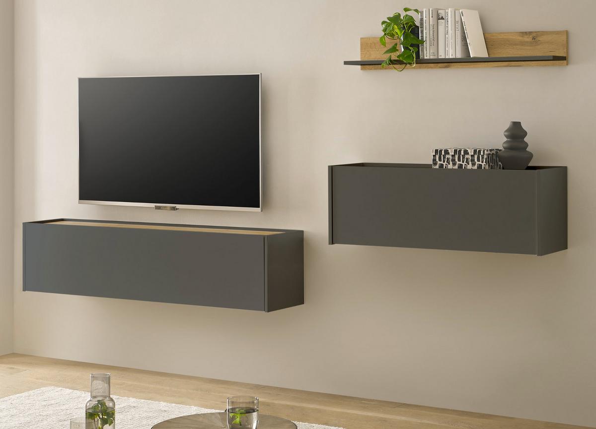 WOHNWAND grau matt, Eiche Wotan 270 cm, Wohnkombination hängend mit Sekretär - Eiche Wotan/Grau, Holzwerkstoff/Metall (270/170/30cm) - Furn.Design