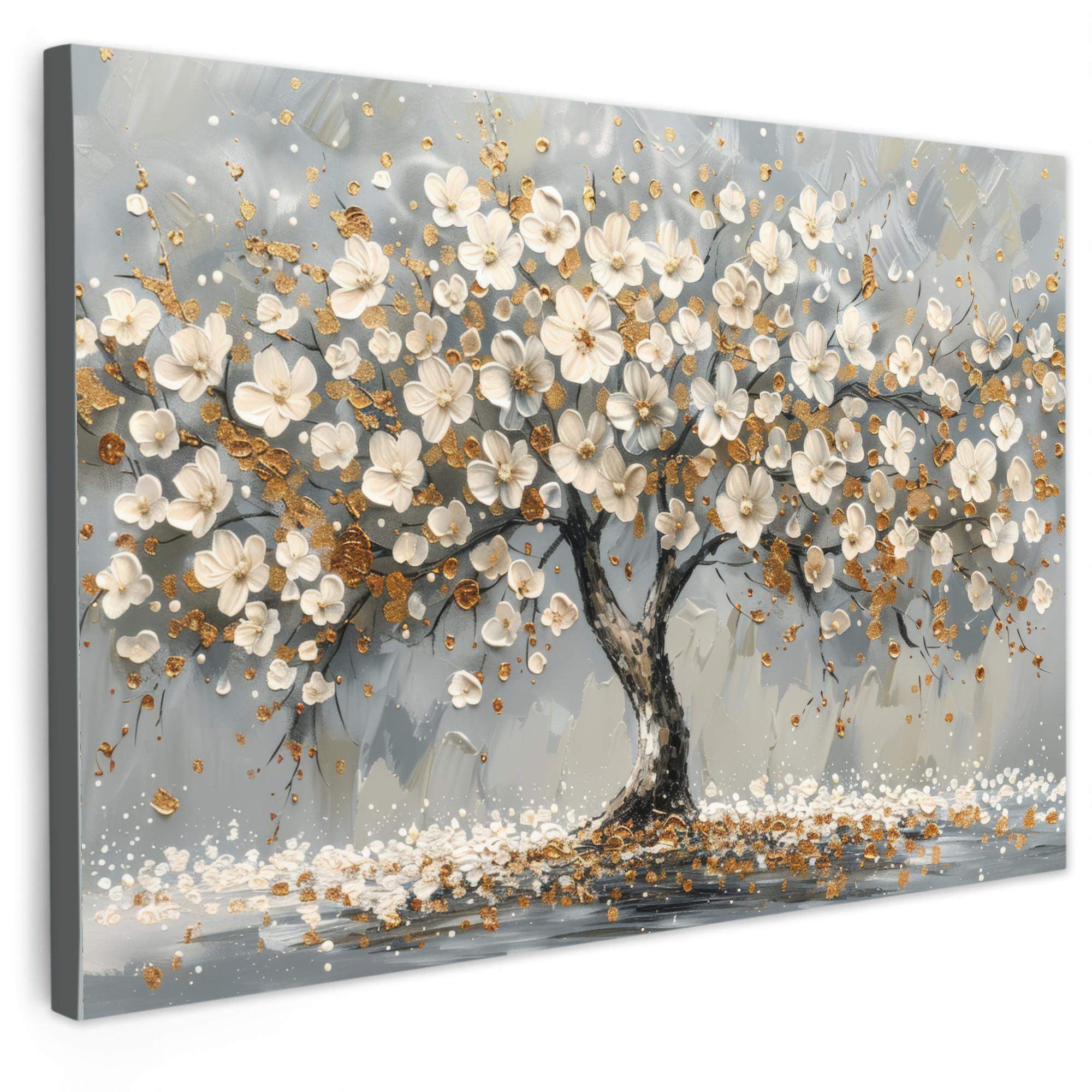 LEINWANDBILD Baum - Blumen - Weiß - Natur - Kunst Deko Schlafzimmer 30x20 cm - Weiß, Textil (30/20cm) - MuchoWow