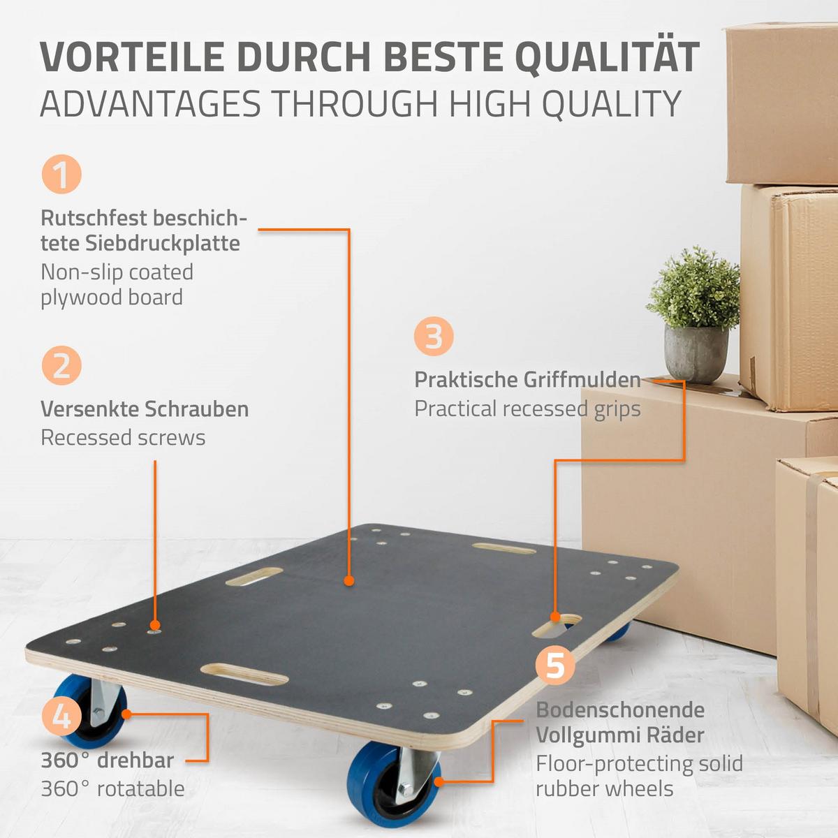 TRANSPORTROLLER 2er Set mit 4 Rollen 60x80 cm Traglast 800kg Siebdruck Holzplatte Black - Anthrazit, Holzwerkstoff (80/60/14.5cm) - ECD-Germany