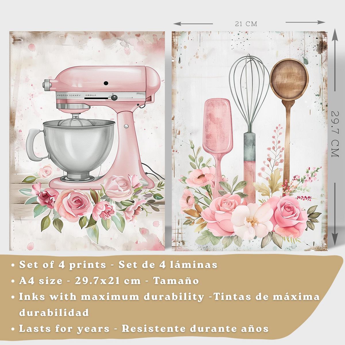 POSTER 4er Set Rosa Backkunst Wandbilder Küchenmaschine Torte Utensilien Blumen Shabby Chic Küche Deko Leichter Holzrahmen A4 - Beige, Papier (29.7/1/21cm) - Nacnic