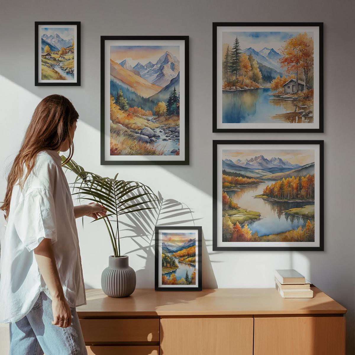 BILDER SET 5er Set - 50x50 cm & 20x30 cm & 40x60 cm Schwarzer Rahmen - Berglandschaft, Flusshütten - Schwarz, Kunststoff (40/60cm) - TULUP
