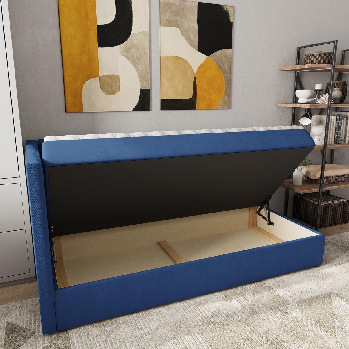 BOXBETT BEVE 90x200 cm mit Matratze und Topper, H2+H3 - Blau - Blau, Holz (90/200cm) - MASSENO