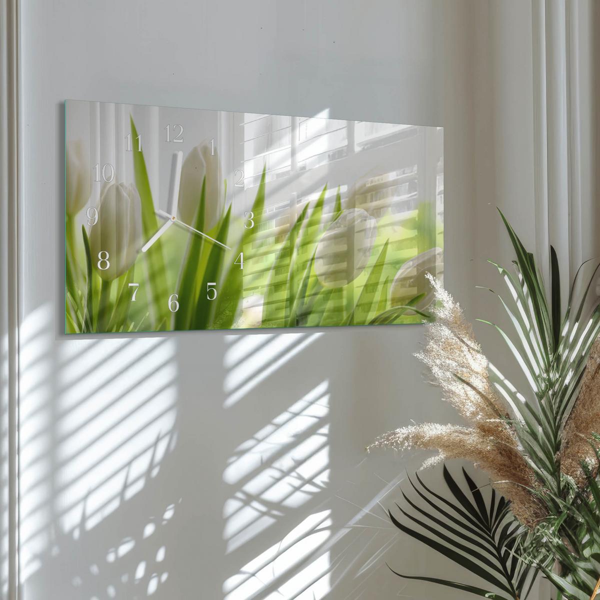 WANDUHR aus Glas 60x30 cm - Weiße Tulpen - Weiß, Glas (60/30/0.4cm) - TULUP