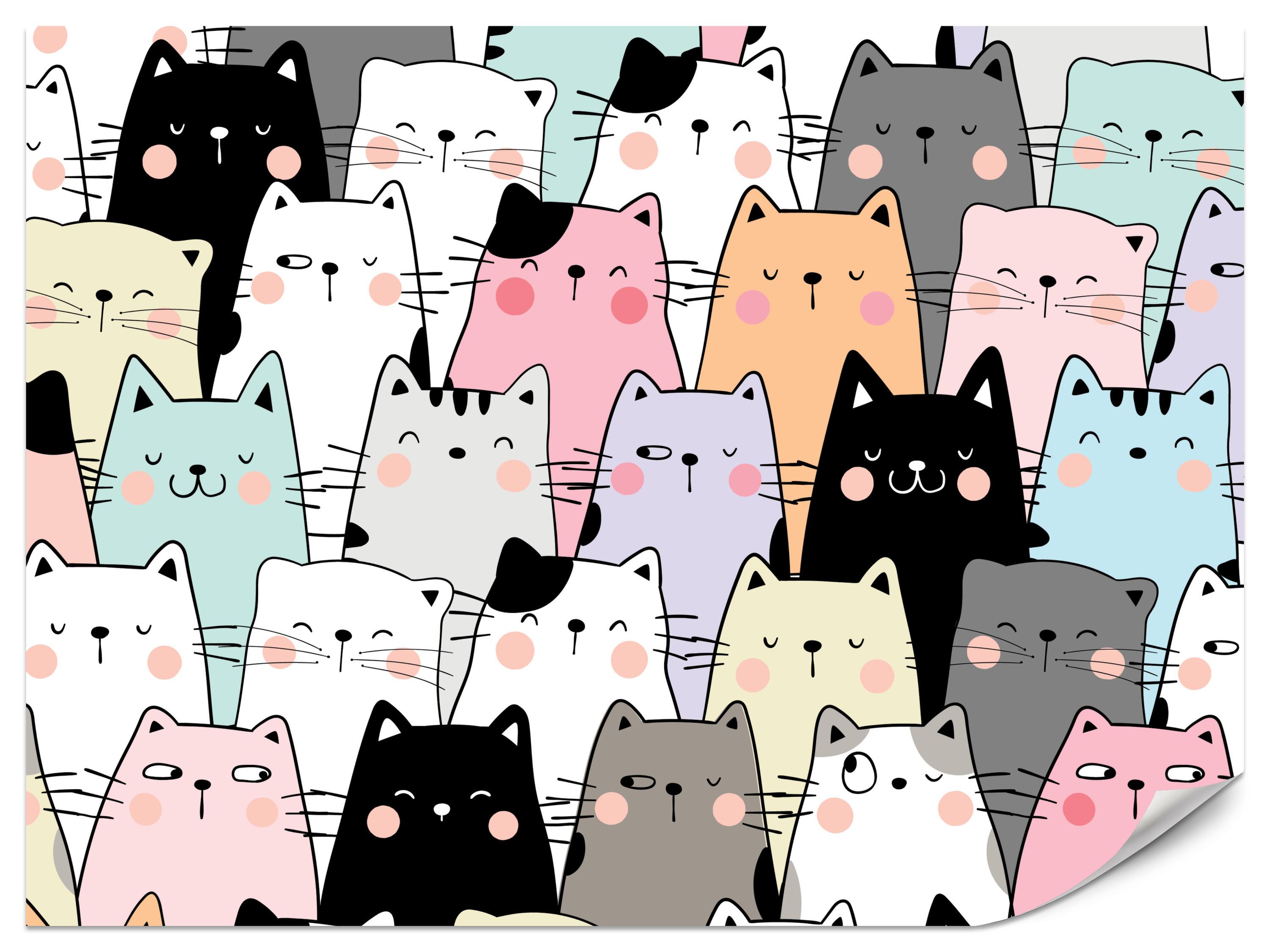 FOTOTAPETE für Kinderzimmer Bunte Katzen Cartoon Abstraktion 300x210 - Blau/Gelb, Papier (300/210cm) - Muralo