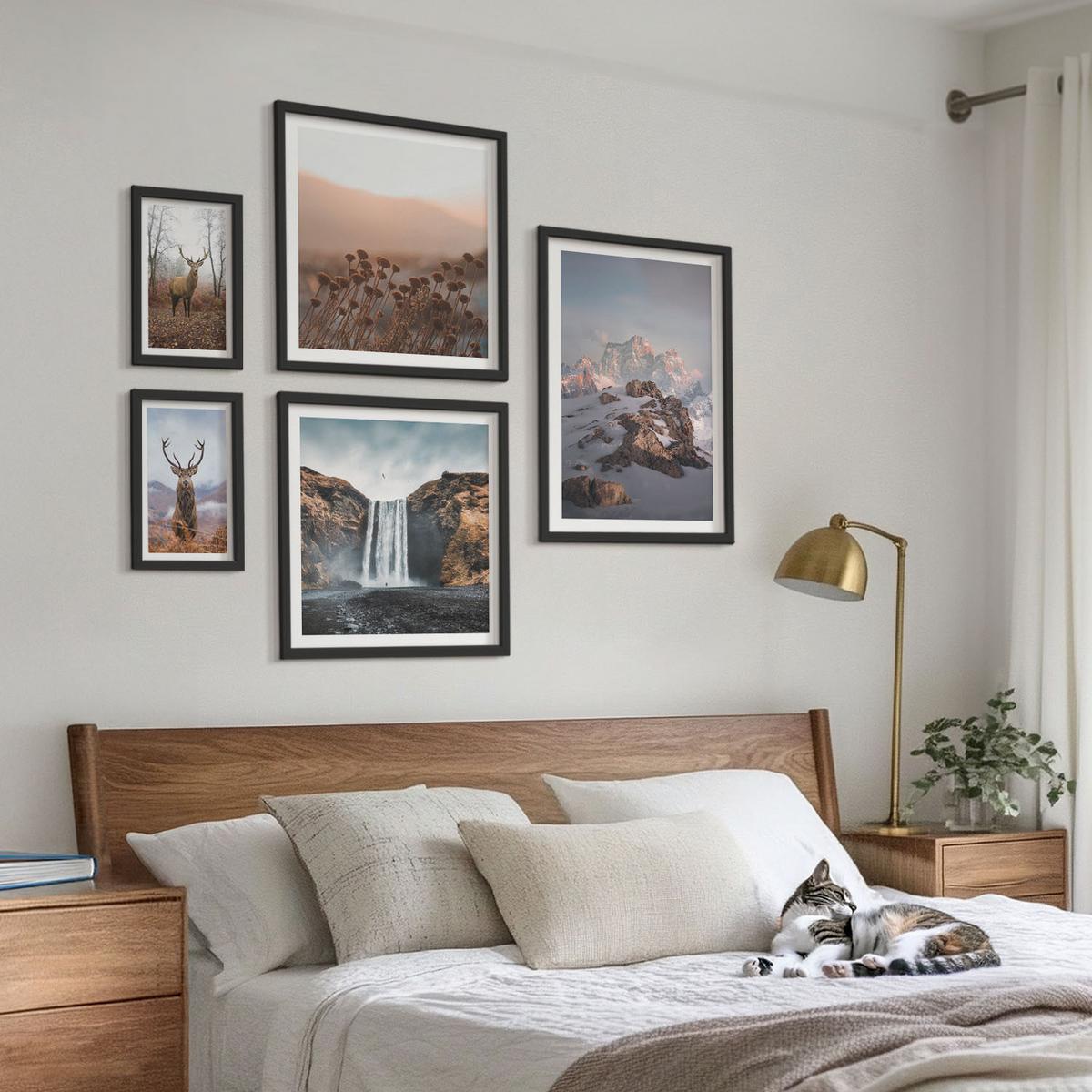 BILDER SET 5er Set - 50x50 cm & 20x30 cm & 40x60 cm Schwarzer Rahmen - Urlaub Palmen Wasserfall - Schwarz, Kunststoff (40/60cm) - TULUP