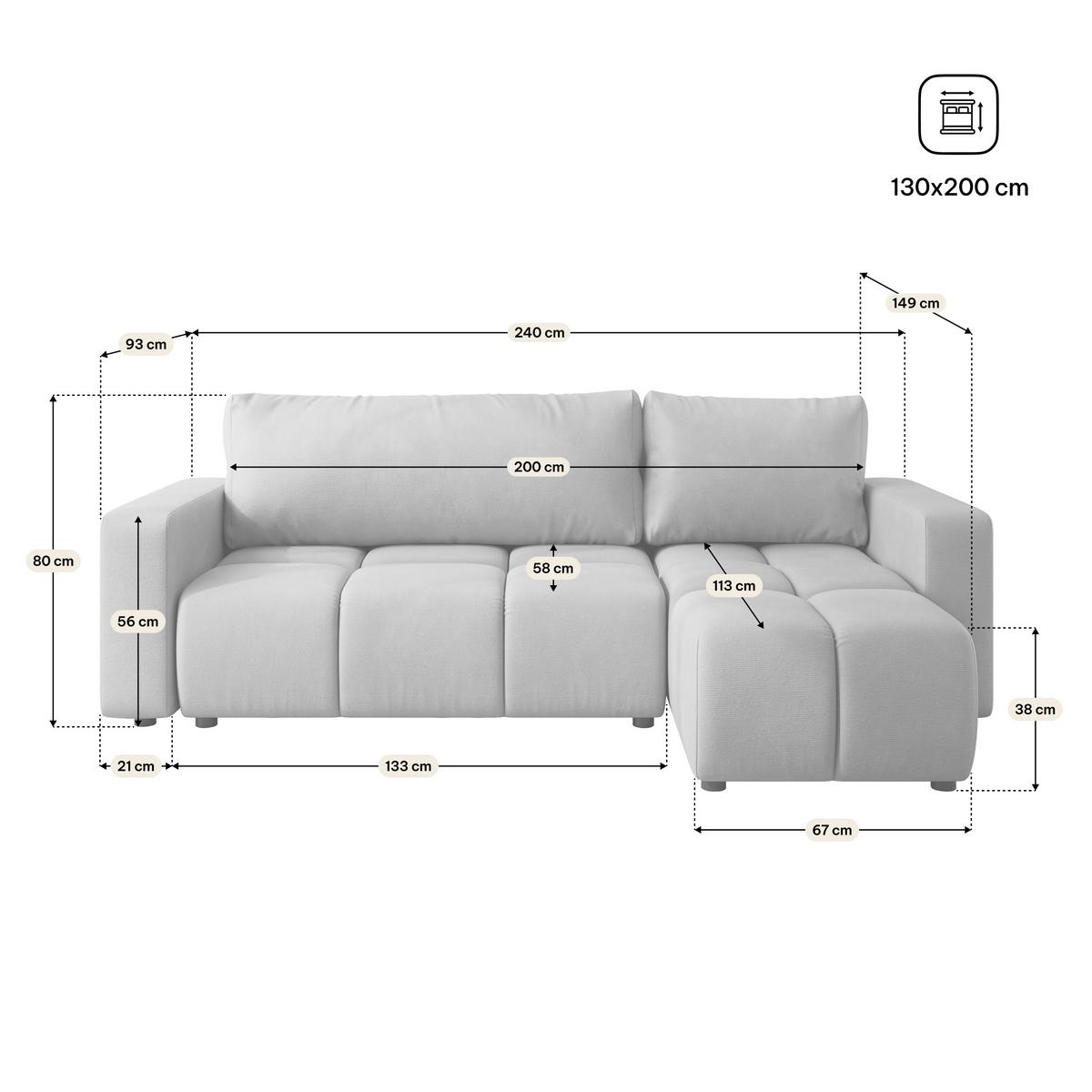 ECKSOFA RAMIL Beige Plüsch-Stoff mit Schlaffunktion - Beige, Holz (240/149cm) - MASSENO