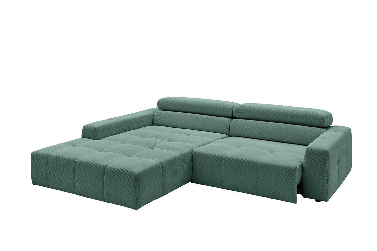 ECKSOFA MIT MOTORISCHEM SITZVORZUG RENO Smaragdgrün Cord Relaxfunktion - Smaragdgrün/Schwarz, Kunststoff/Textil (258/217cm) - KAWOLA