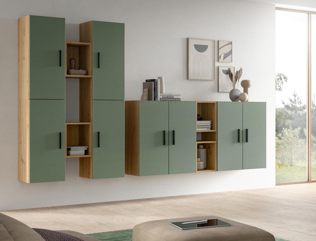 WOHNWAND grün, Eiche Artisan 259 x 184 cm, Wohnkombination hängend / stehend - Schwarz/Eiche Artisan, Holzwerkstoff/Kunststoff (259/151/34cm) - Inn.Furn