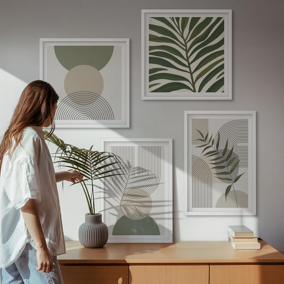 BILDER SET 4er Set - 50x50 cm & 40x60 cm Weißer Rahmen - Abstrakte Blätter im Boho-Stil - Weiß, Kunststoff (50/50cm) - TULUP