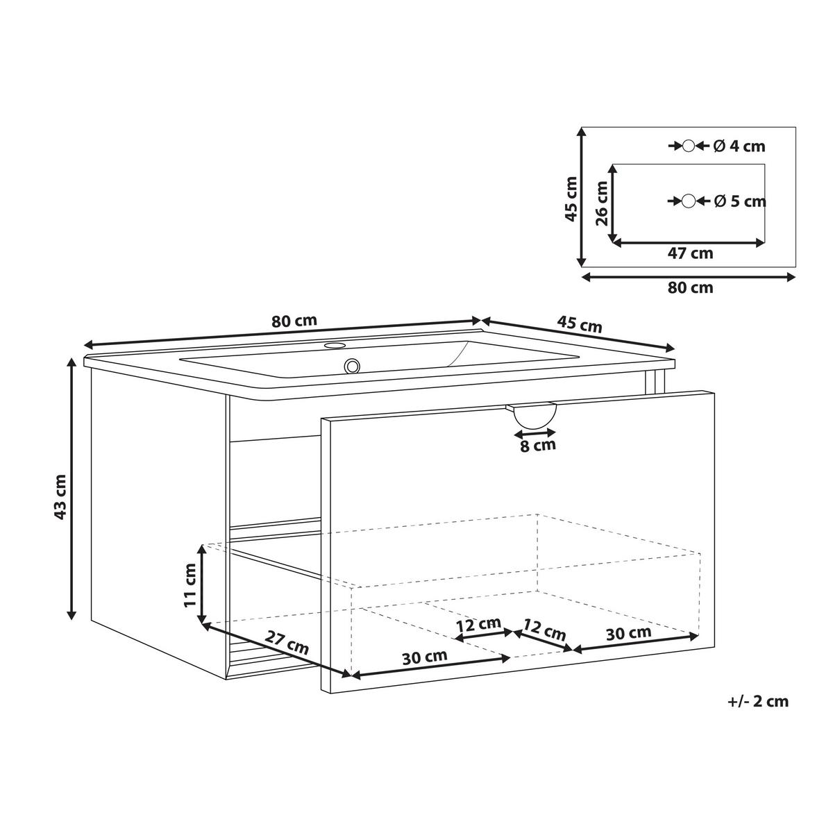 WASCHBECKENUNTERSCHRANK wandmontiertk mit Waschbecken Schwarz Bonaire - Schwarz, Holzwerkstoff (80/43/93cm) - Beliani