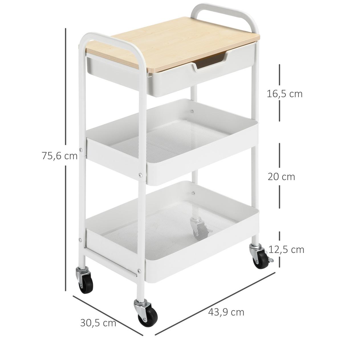 ROLLWAGEN mit 3 Ebenen Servierwagen mit Griff Ablage Schublade 2 Regalen Weiß - Weiß, Metall (30.5/75.6/43.9cm) - HOMCOM