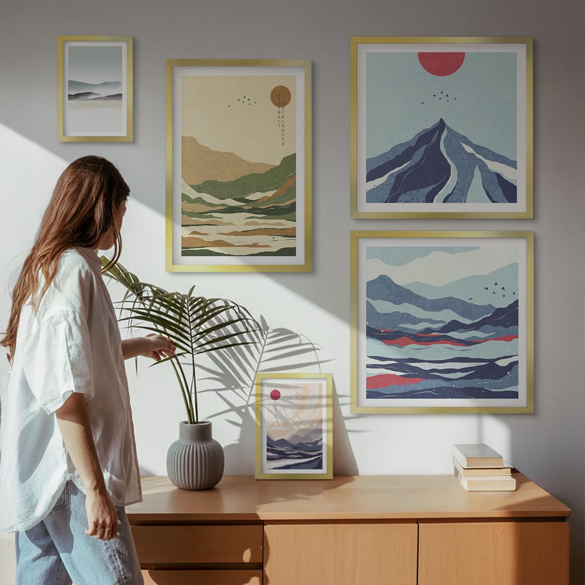 BILDER SET 5er Set - 50x50 cm & 20x30 cm & 40x60 cm Goldrahmen - Berge minimalistische Pastellfarben - Goldfarben, Kunststoff (40/60cm) - TULUP