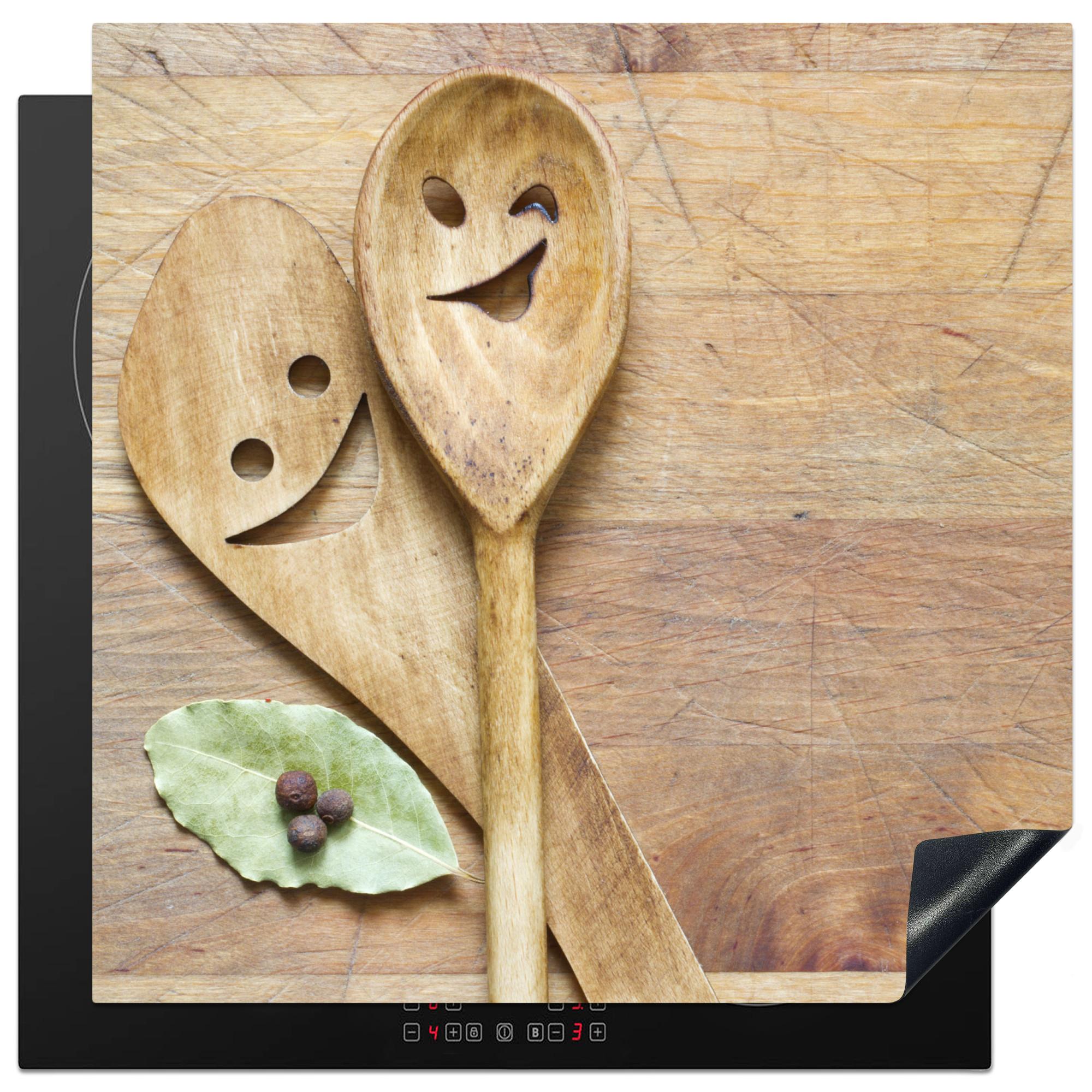 HERDABDECKPLATTE Holz - Löffel - Braun - Smiley Induktionsmatte 78x78 cm - Hellbraun, Kunststoff (78/78/0.2cm) - MuchoWow