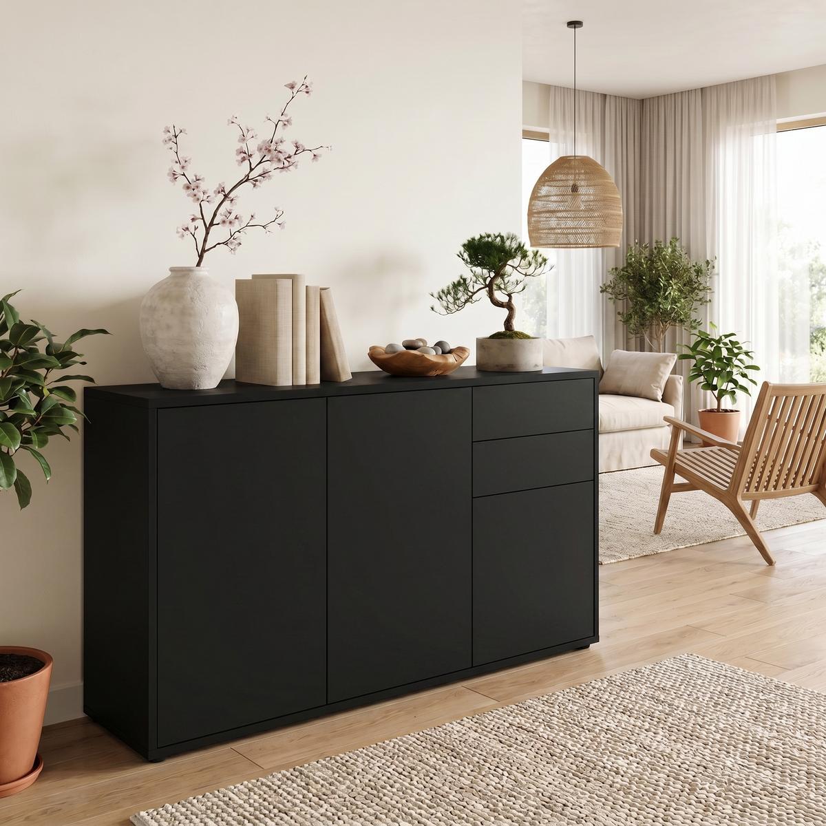 KOMMODE Ben Front in Schwarz matt - Schwarz, Holzwerkstoff (117/74/36cm) - Vladon