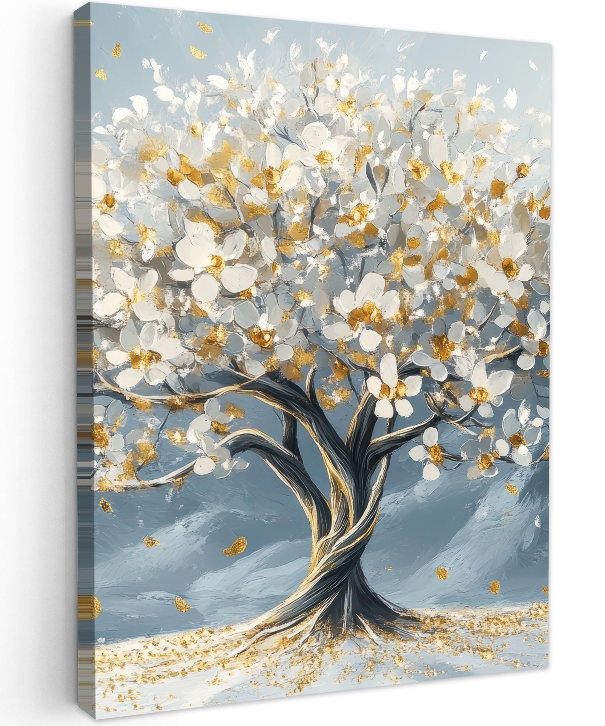LEINWANDBILD Baum - Winter - Baum des Lebens - Modern - Gold Wandbild Wohnzimmer 60x80 cm - Goldfarben, Textil (60/80cm) - MuchoWow