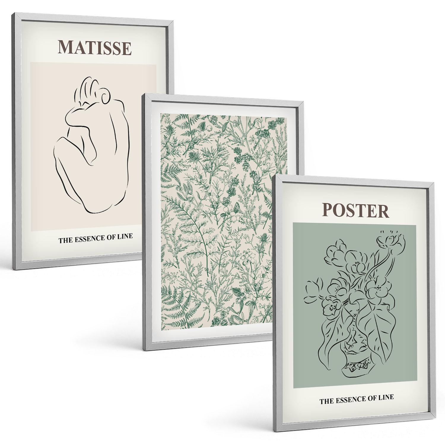 BILDER SET 3er Set - 40x60 cm Silberner Rahmen - Linien, Pflanzenmuster, Minimalismus - Silberfarben, Kunststoff (40/60cm) - TULUP