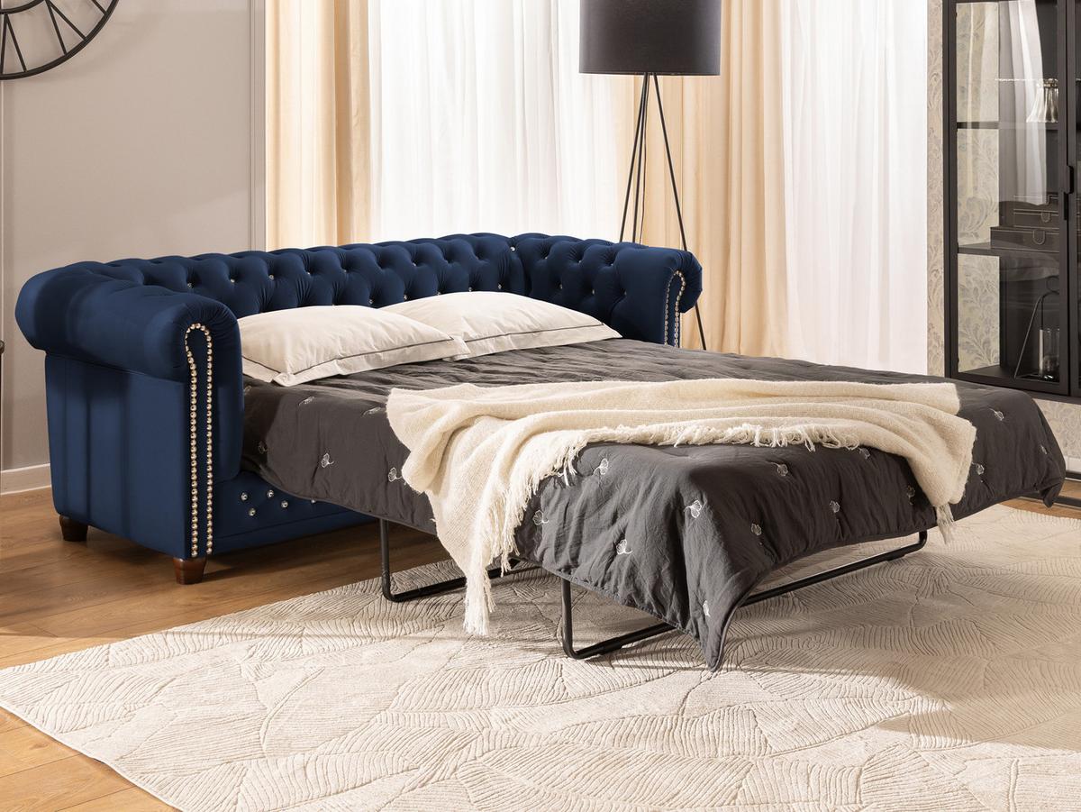 CHESTERFIELD-SOFA 3-Sitzer mit Schlaffunktion Cleo Blink Marineblau Samt mit Kristallsteppung und braunen Massivholzfüßen - Blau/Braun, Holz/Textil (203/72/86cm) - S-Style