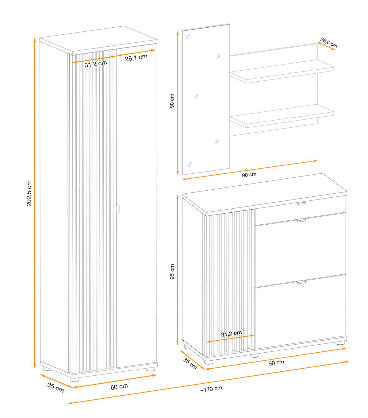 GARDEROBE Set 3-teilig Eiche Jackson, schwarz 170 cm, Garderobenkombination mit 3D-Lamellen - Eichefarben/Schwarz, Holzwerkstoff/Kunststoff (160/202/35cm) - Furn.Design