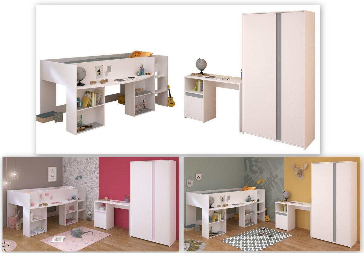 KINDERZIMMER Set 3-tlg. Kleiderschrank Schreibtisch Hochbett 90x200 - Weiß, Holz/Holzwerkstoff (90/182/200cm) - Parisot Meuble
