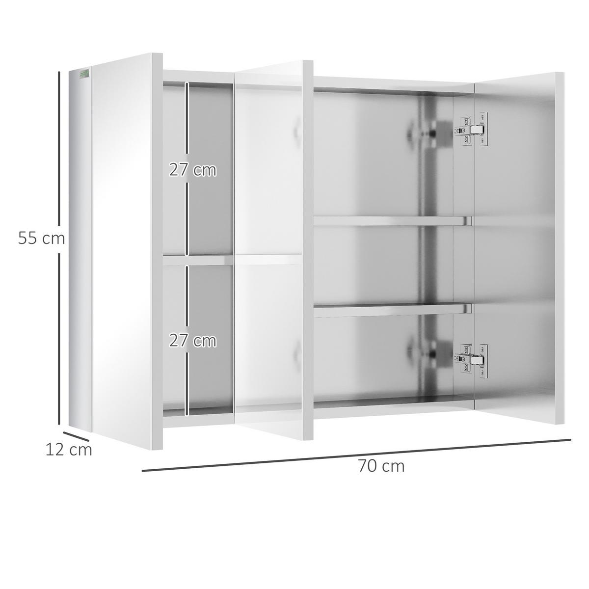 SPIEGELSCHRANK mit 5 Ablagen, 3 Glastüren, Edelstahl, 70 x 12 x 55 cm, Silber - Silberfarben, Glas (70/55/12cm) - Kleankin