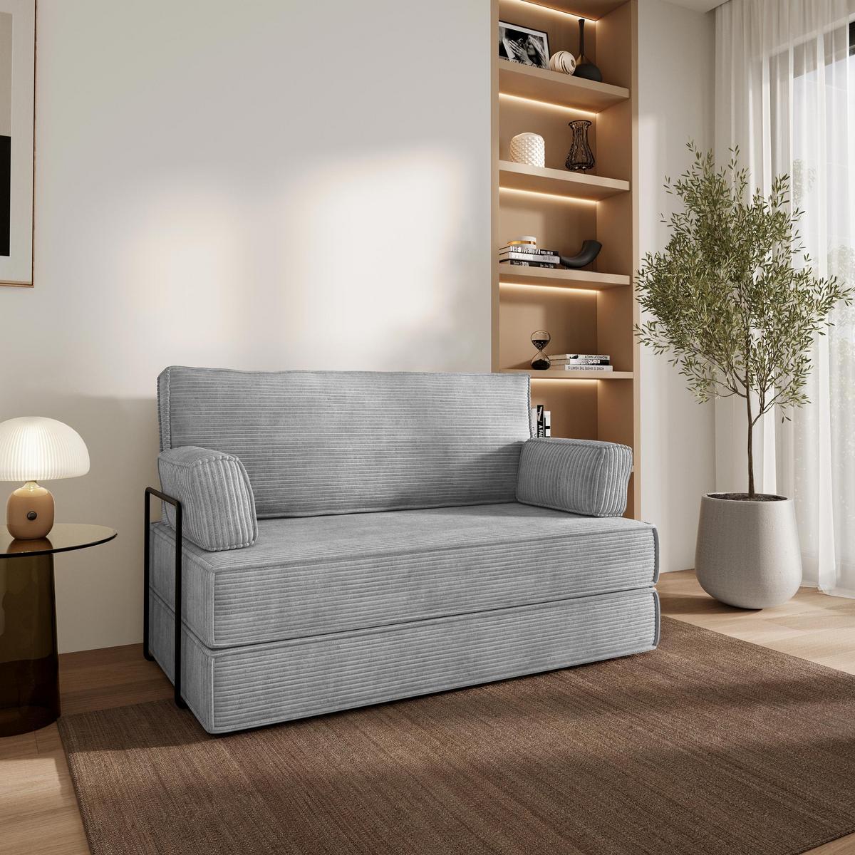 BETTSOFA LADIA aus Schaumstoff Cordstoff Hellgrau Schlaffunktion - Hellgrau, Textil (140/86/60cm) - MASSENO