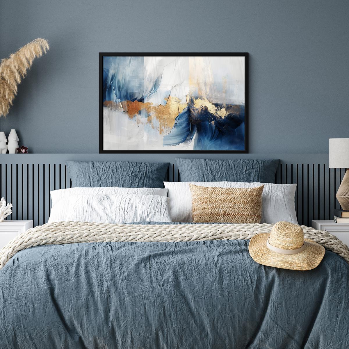 POSTER MIT RAHMENGERAHMTES BILD Gold - Blau - Aquarell - Kunst - Modern 90x60 cm - Hellblau, Papier (90/60cm) - MuchoWow