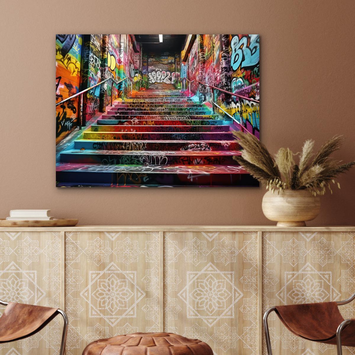 METALLBILD Treppe - Graffiti - Farben - Kunst 80x60 cm - Multicolor, Metall (80/60cm) - MuchoWow