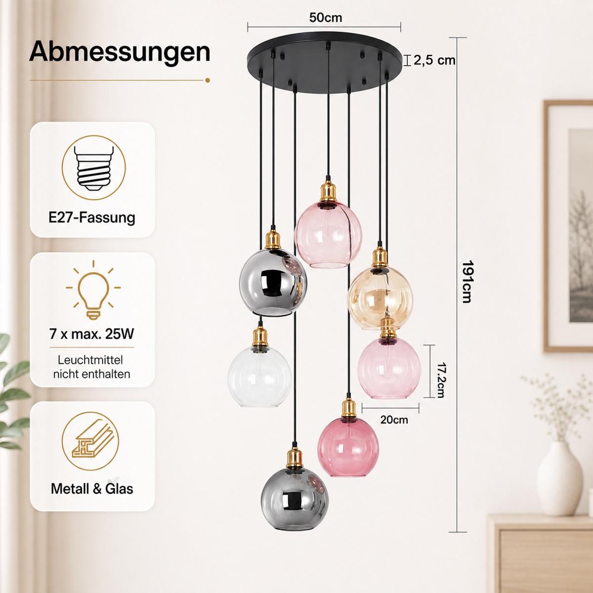PENDELLEUCHTE Lyveth 50/20/191 cm - Multicolor/Schwarz, Glas/Metall (50/20/191cm) - ZMH