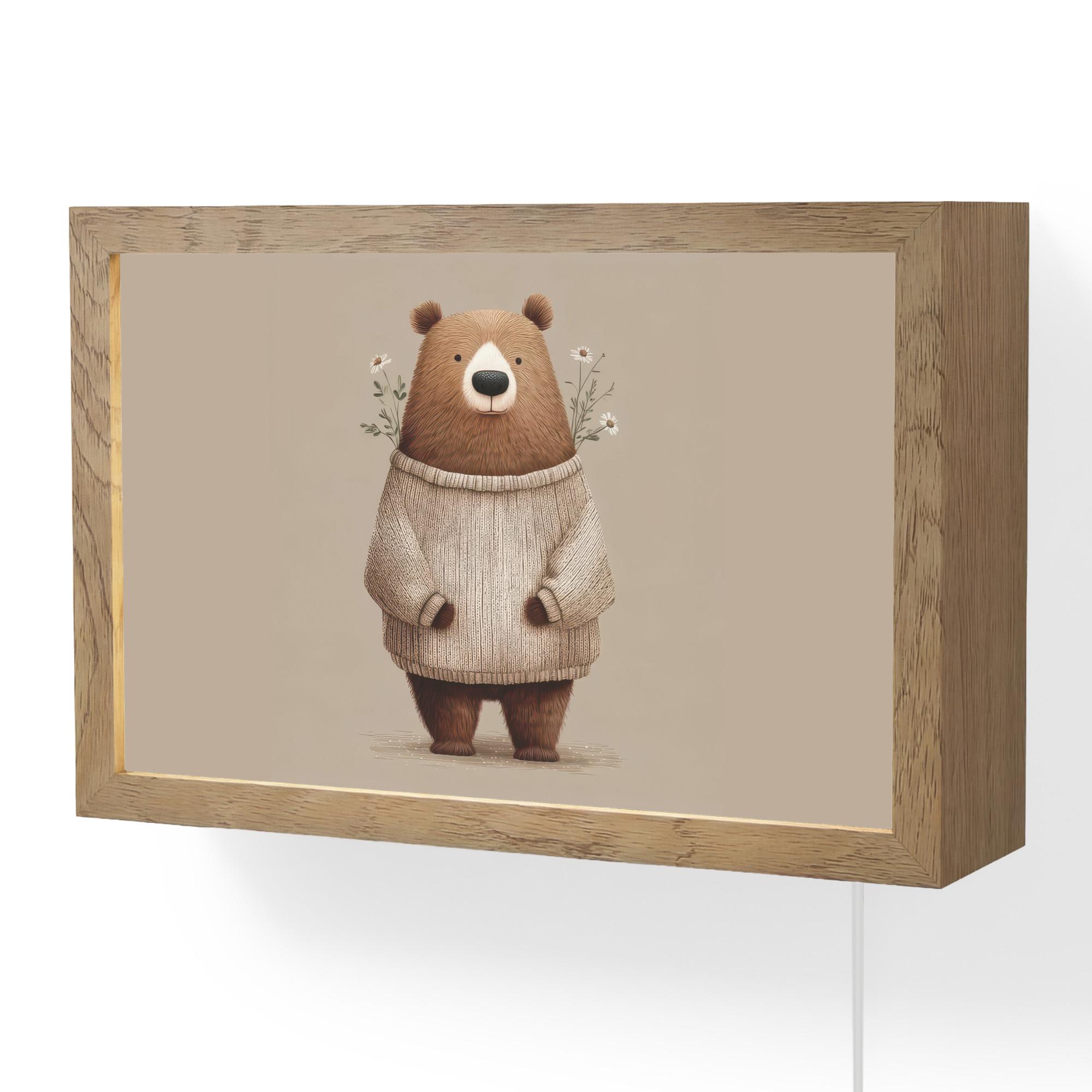 WANDLEUCHTE Bär - Weiße Blumen - Gemütlich 30x20 cm - Taupe, Holzwerkstoff (30/20/8cm) - OnlyWow