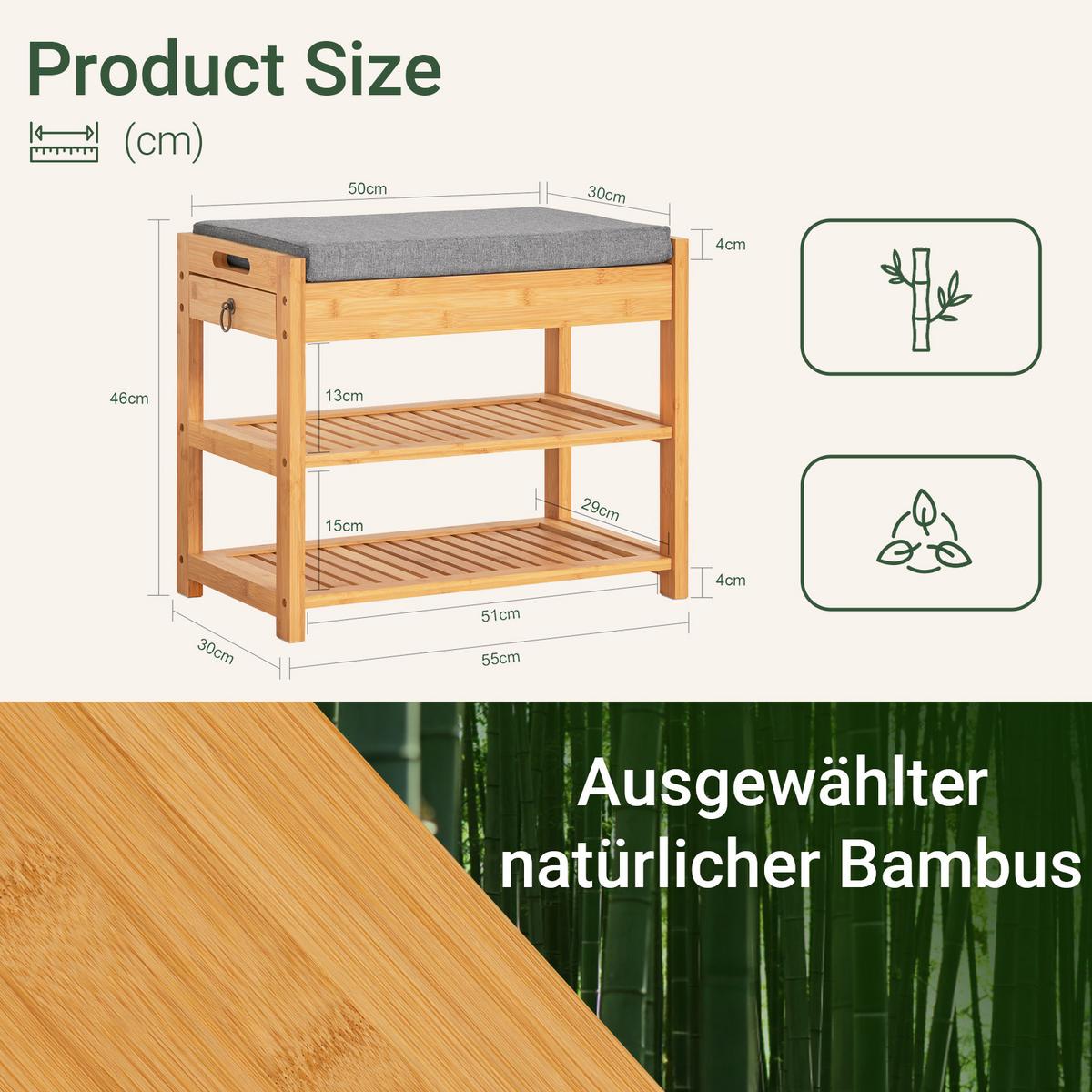 SCHUHBANK aus Bambus, 55 x 46 x 30 cm, mit Sitzkissen und Seitenschublade, 2 Schuhablagen, Natur - Naturfarben, Holz (55/46/30cm) - SoBuy