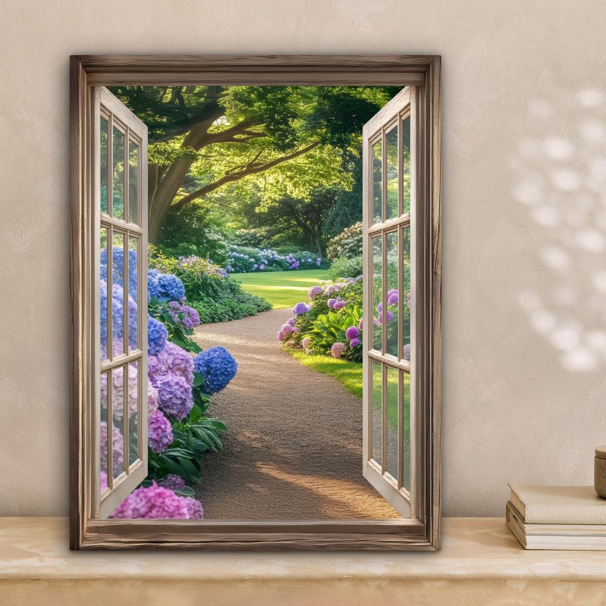 LEINWANDBILD Aussicht - Garten - Fenster - Hortensie - Blumen Room Decor 30x40 cm - Pastellblau, Textil (30/40cm) - MuchoWow