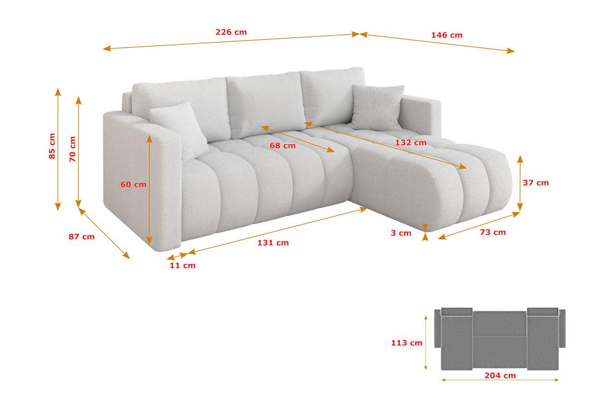 ECKSOFA mit Schlaffunktion Ottomane Rechts GARD-L 226x146x85 Weiß Bouclé - Schwarz/Weiß, Holzwerkstoff/Kunststoff (226/146cm) - ALTDECOR