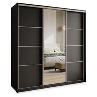 SCHWEBETÜRENSCHRANK VARO 180/205/60 cm 3-türig mit Spiegel und Schubladen Schwarz - Schwarz/Nickelfarben, Holzwerkstoff (180/205/60cm) - MASSENO