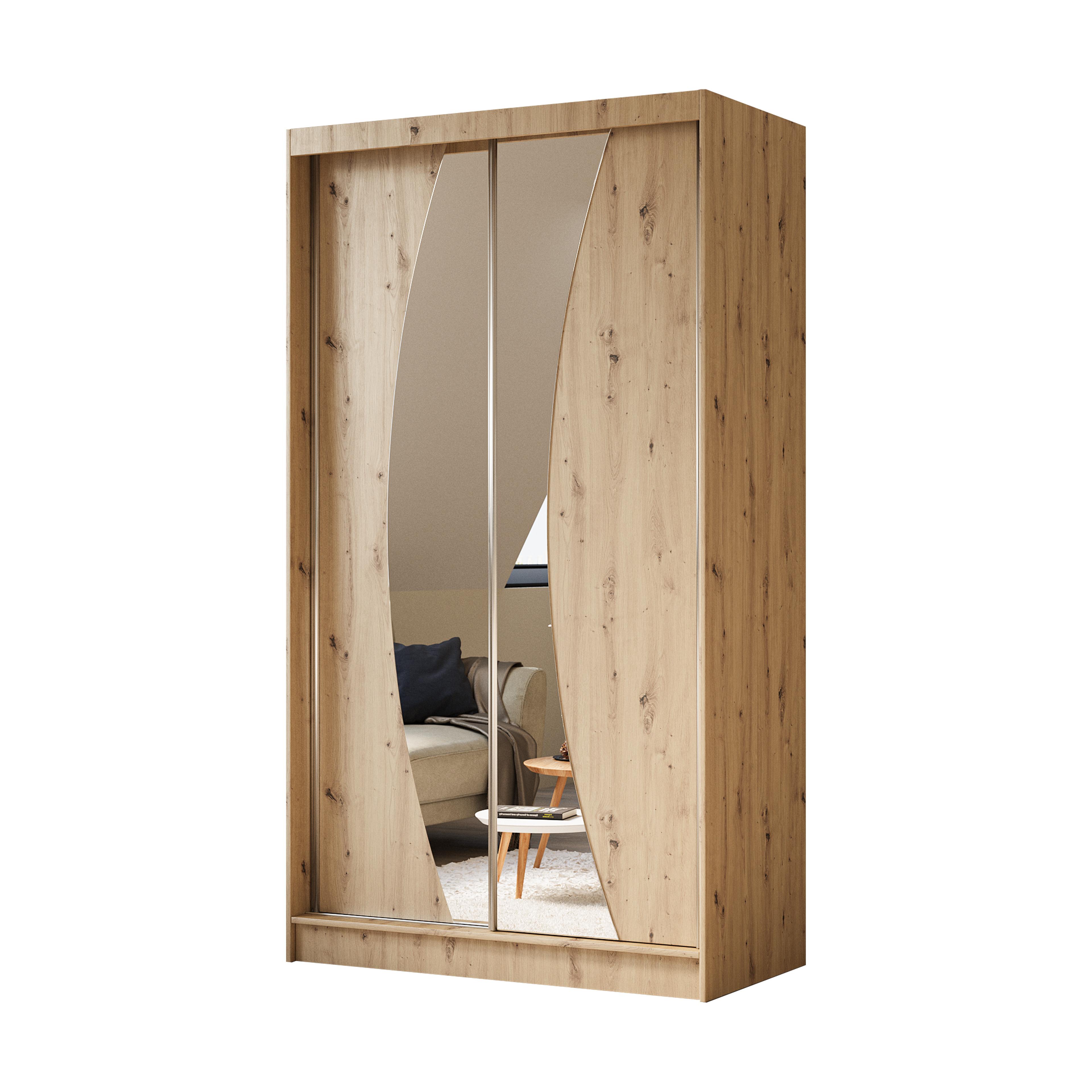 KLEIDERSCHRANK mit Spiegel-Schiebetüren und Aluminium-Leisten, LED-Beleuchtung - VOXI - 120 cm Eiche Artisan - Eiche Artisan, Holzwerkstoff (120/216/61cm) - ALTDECOR
