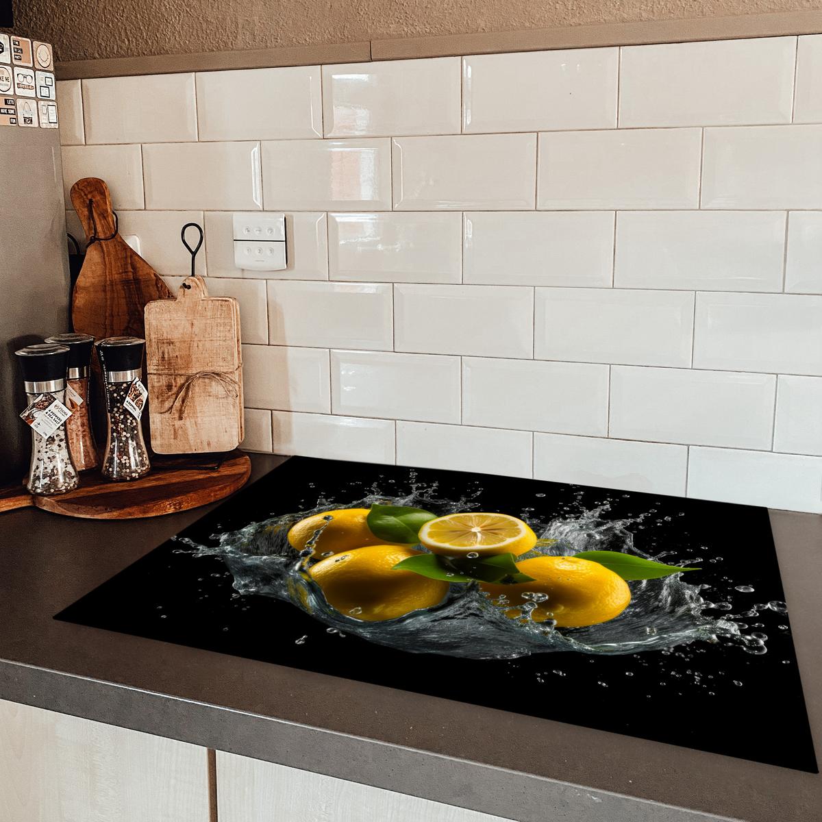 HERDABDECKPLATTE Zitrone - Obst - Gelb - Schwarz Herdabdeckung Induktionsfeld 75x52 cm - Gelb, Kunststoff (75/52/0.2cm) - MuchoWow