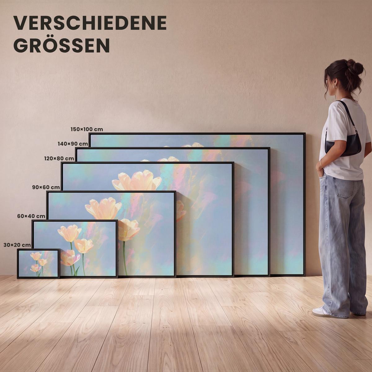 LEINWAND Bilder mit Rahmen - Tulpen - Rosa Akzente - Blau - 120x80 - Pastellblau, Textil (120/80cm) - MuchoWow