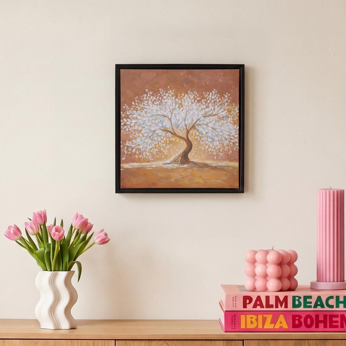 LEINWAND Bilder mit Rahmen - Abstrakt - Baum - Weiß - Blätter - 20x20 - Braun, Textil (20/20cm) - MuchoWow