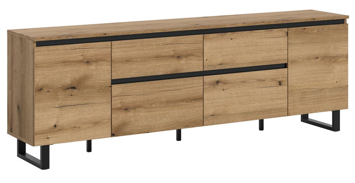 TV-LOWBOARD Evoke Eiche, schwarz, TV Unterschrank 188 x 65 cm, Soft-Close und Komforthöhe - Eichefarben/Schwarz, Holzwerkstoff/Metall (188/65/36cm) - Inn.Furn
