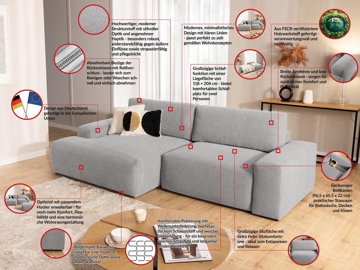 ECKSOFA inkl. Hocker Lennon aus Hellgrau Strukturstoff mit Schlaffunktion und Bettkasten - Hellgrau/Schwarz, Holz/Kunststoff (137/264cm) - S-Style