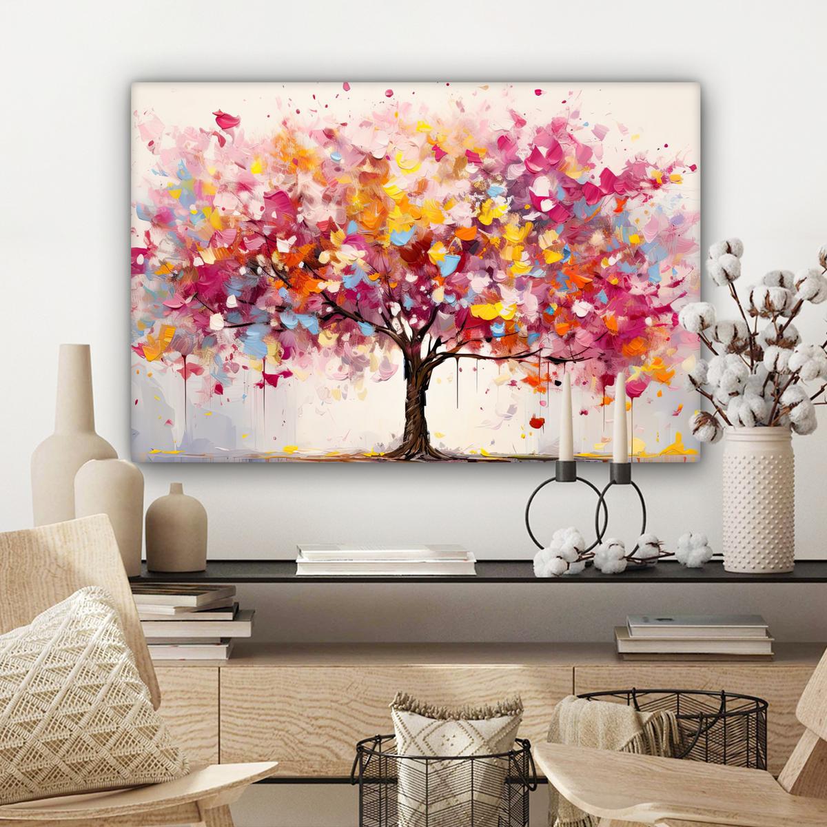 LEINWANDBILD Aquarell - Baum - Kunst - Abstrakt Gemälde 60x40 cm - Rosa, Textil (60/40cm) - MuchoWow